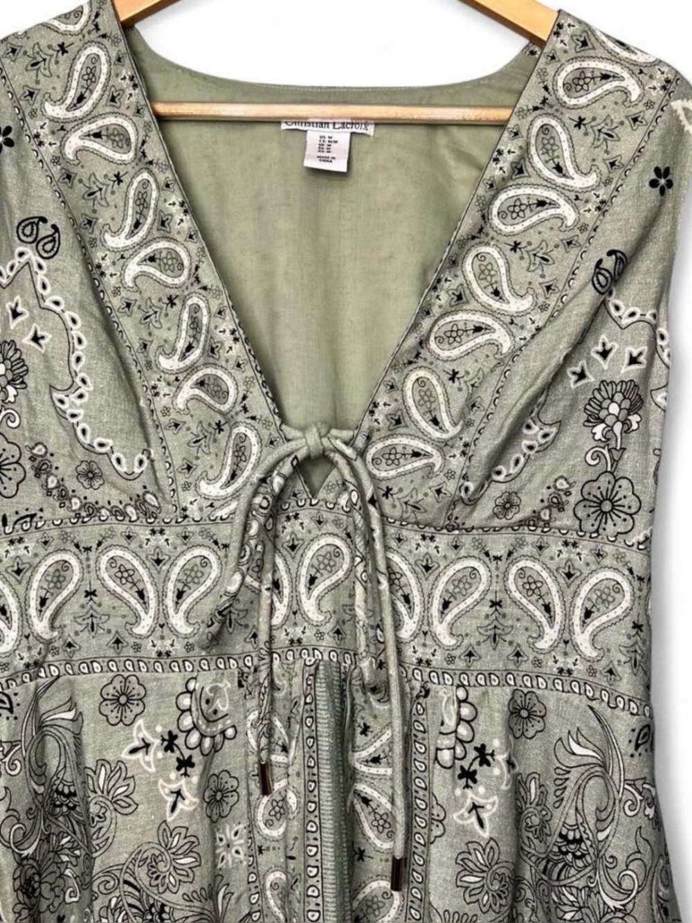 Christian Lacroix Olive Paisley Maxi Dress with V-Neck and Tie - Picture 3 of 8